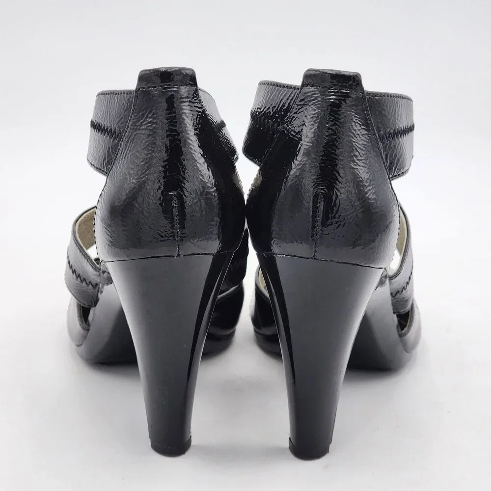 Michael Kors Zipper Patent Leather Strappy Peep Toe Heels Black Gold Size 8.5